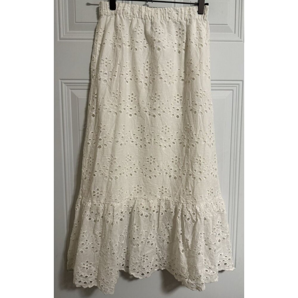 Joie White Eyelet Embroidered Midi Skirt XS – Boho Coastal Cotton Ruffle Skirt - Picture 2 of 5